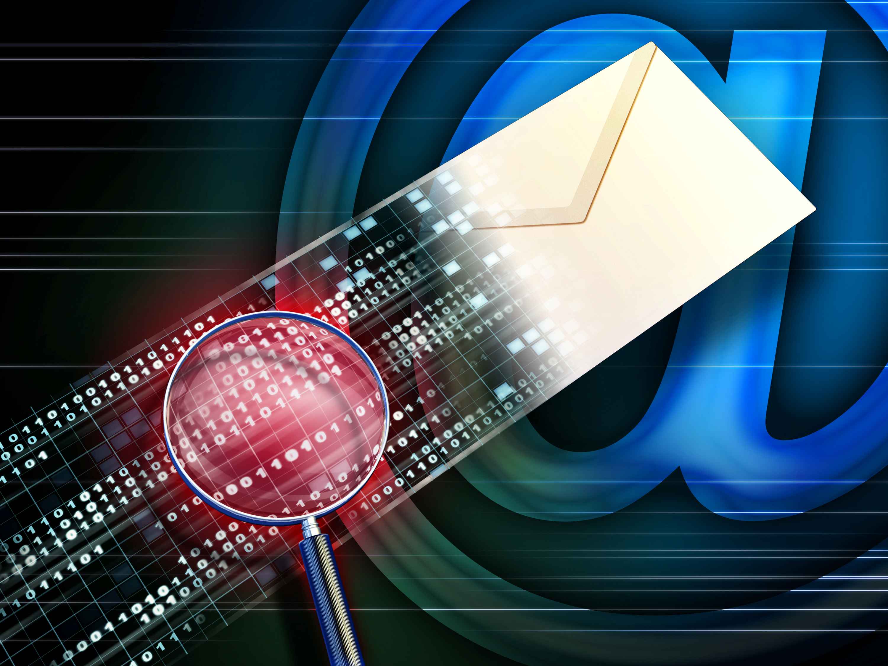Magnifying glass scanning an e-mail's code. Digital illustration